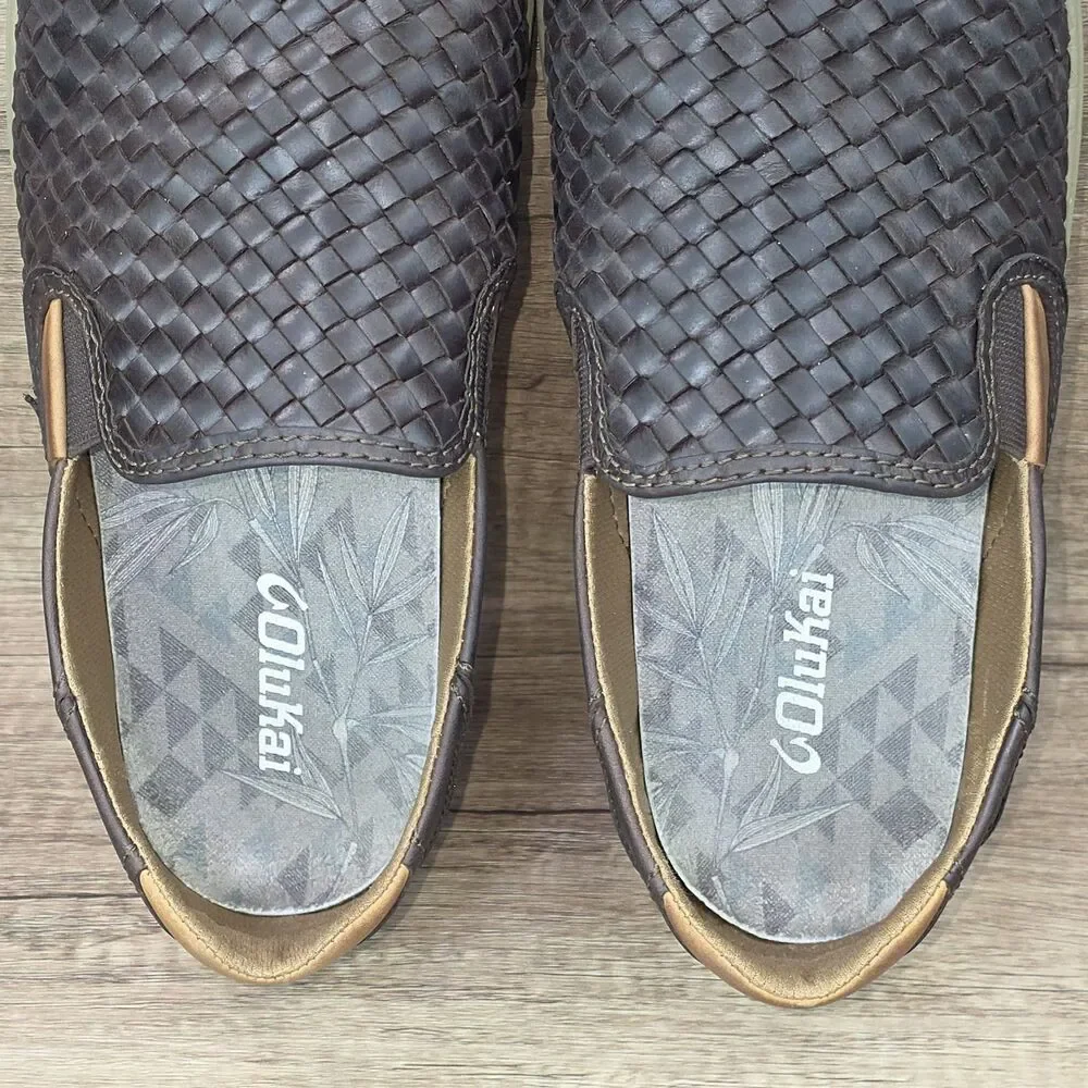 OluKai Lae'ahi Lauhala Men's Size 9M Brown Woven Leather Slip-On Casual Shoes